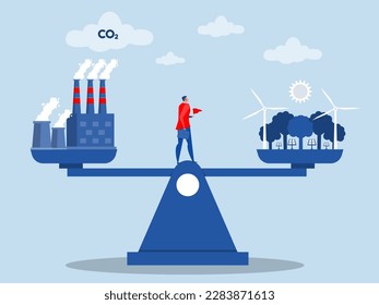 businessman invest with Scales with ecofriendly and factory. carbon dioxide neutral balanceVector illustration