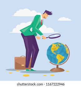 Businessman investigate the globe using magnifier. Concept of leadership.