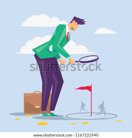 Businessman investigate the problem using magnifier. Concept of leadership.