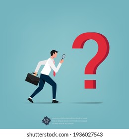 Businessman investigating question mark with magnifying vector illustration.