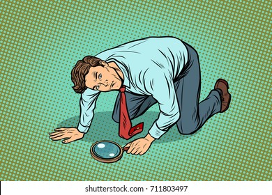 Businessman investigator looking with magnifying glass. Detective, crime scene. pop art retro vector illustration