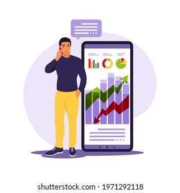 Businessman investing into innovation with high potential. Successful investor or entrepreneur. Trading, financial consulting, investment and savings. Vector illustration. Flat.