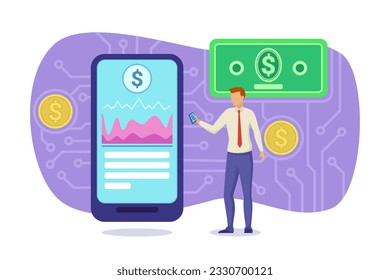 Businessman investing money online vector illustration. Smartphone screen showing stock market charts, financial indicators, connected to banknote. Digital currencies, trading, banking concept