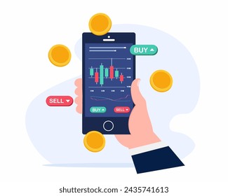 Empresario que invierte en el mercado de valores desde el teléfono móvil y la compra o venta de acciones ilustración vectorial