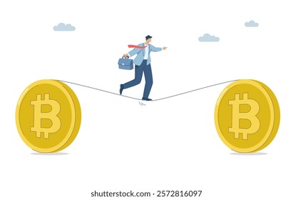 Businessman investor balances body walking on tightrope stretched between major bitcoins, Surviving crisis and financial market problems, Maintaining portfolio in highly volatile market conditions.
