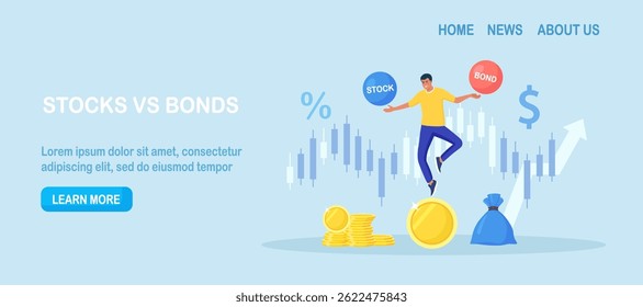 Businessman investor balancing as acrobat on giant coin, choosing between stocks and bonds. Diversify portfolio investments. Wealth accumulate. Balanced investment strategy. Finance asset allocation