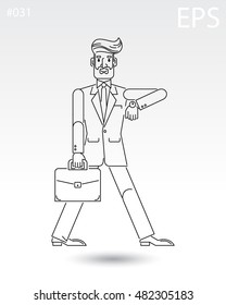 Businessman, investor, boss, agent. Black line icon. Flat cartoon style. Portfolio and watch.  Isolated vector illustration