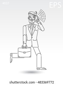 Businessman, investor, boss, agent. Black line icon. Flat cartoon style. Portfolio and smartphone.  Isolated vector illustration