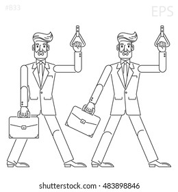 Businessman, investor, boss, agent. Black line icon. Flat cartoon style. Portfolio and handhold. Isolated vector illustration