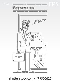 Businessman, investor, boss. Black line icon. Flat cartoon style. Isolated vector illustration
