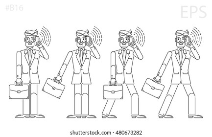 Businessman, investor, boss. Black line icon. Flat cartoon style. Portfolio and smartphone.  Isolated vector illustration