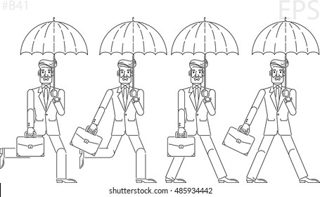 Businessman, investor, boss. Black line icon. Flat cartoon style. Portfolio, umbrella. Run.  Isolated vector illustration