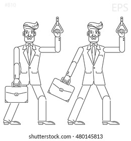 Businessman, investor, boss. Subway men on public transport. Portfolio and  handhold. Black line icon. Flat cartoon style. Isolated vector illustration