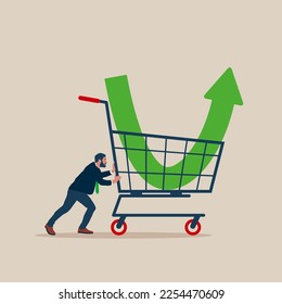 Businessman investor buy stock with down arrow graph in shopping cart. Purchase stock when price drop. Make profit from market collapse. Modern vector illustration in flat style. svg