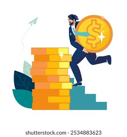 Empresário investidor, crescimento de carreira, moedas de ouro dólar, centavos, pessoas, site. Cartaz da apresentação. Gestão financeira - um homem organiza seu conceito financeiro, crescimento de negócios. Ilustração vetorial
