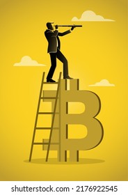 A businessman investor climb up ladder on top of Bitcoin using spyglass telescope to see opportunity