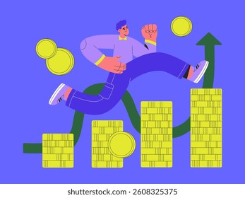 Businessman investor climbing coin chart or success ladder. Money investment and finance concept. Wealth and stock market growth arrow, financial literacy, vector illustrations isolated background