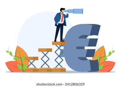 inversionista de negocios subiendo escaleras sobre el símbolo de la moneda del euro, mirando al telescopio para una visión clara. Pronóstico o visión del futuro de la economía europea, la recesión financiera o la economía de la UE.