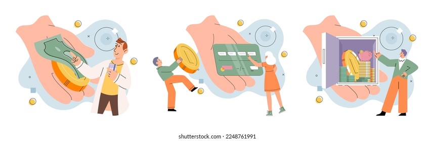 Businessman investor with coins. Employee or entrepreneur puts money in secret safe, calculates profit. Financial literacy and passive income, successful investor. Person stands holding bank card