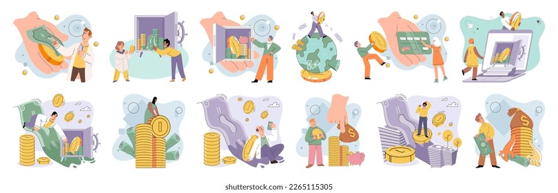 Businessman investor with coins. Employee or entrepreneur puts money in secret safe, calculates profit. Financial literacy and passive income, successful investor. Person stands holding bank card