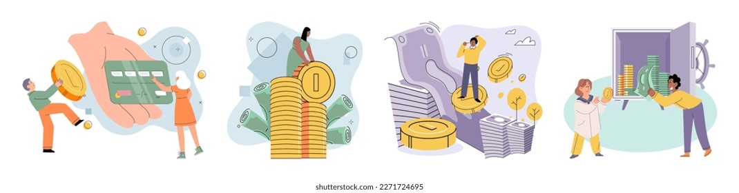 Businessman investor with coins. Employee or entrepreneur puts money in secret safe, calculates profit. Financial literacy and passive income, successful investor. Person stands holding bank card