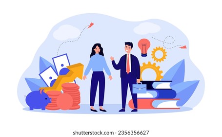 Businessman to investor communication vector illustration. Entrepreneur pitching to sponsor for startup, exchanging skills and ideas for money. Funding, finance, business, networking concept