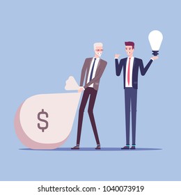 Businessman or investor drags a huge bag of money in exchange for a new idea from another businessman or emloyee vector flat illustration. Business concept idea, money and investment