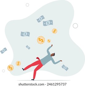 inversionista empresario cae en piso resbaladizo perdiendo todo el dinero monedas de dolar. Ilustración vectorial plana.