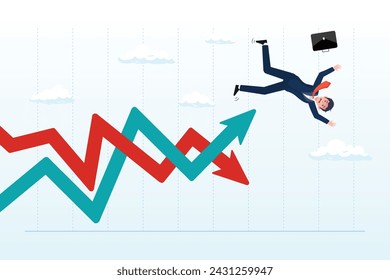 Los inversores de negocios caen en la incertidumbre, gráfico de ganancias de flecha hacia arriba y hacia abajo volátil, volatilidad de la inversión financiera, incertidumbre, cambio en los negocios y el mercado de valores debido a la crisis de coronavirus (Vector)