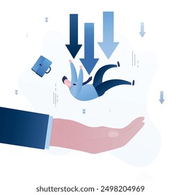 Businessman investor falling from high into helping hand. Business support, insurance or emergency money to rescue in economic crisis or investing margin of safety to protect losses concept. vector