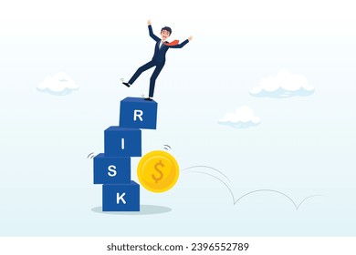 Businessman investor falling from stack block with word RISK impact by money coin, investment risk, volatility and fluctuation in stock market that price will drop, stability and uncertainty (Vector)