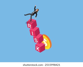 Businessman investor falling from stack block with word RISK impact by money coin 3d isometric vector illustration