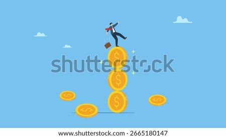Businessman investor falling from stack of unstable money coins. Financial instability, uncertainty or unstable investment market, risky situation or economic recession, crisis or bankruptcy.
