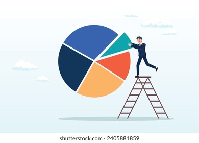 Businessman investor or financial planner standing on ladder to arrange pie chart as rebalancing investment portfolio to suitable for risk or return, investment asset allocation and rebalance (Vector)