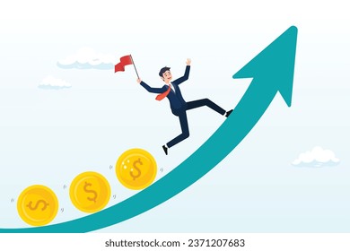 Businessman investor, fund manager holding flag lead money coins running up rising graph, investment profit and earning, stock market growth or fund flow depend on interest rate and inflation (Vector)