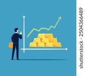 Businessman investor with gold bullion rising up graph and chart. Business and finance concept vector illustration