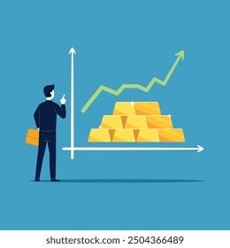 Businessman investor with gold bullion rising up graph and chart. Business and finance concept vector illustration