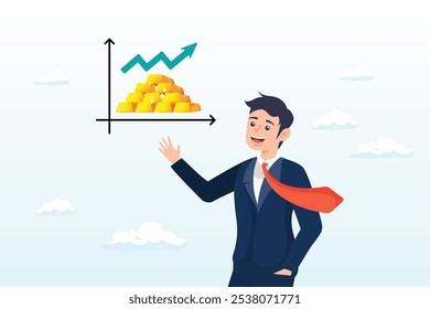 Businessman investor with gold bullion rising up graph and chart, gold investment, ingot or bullion price rising up, price gain or trading gold to make profit, financial or value increase concept