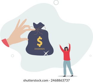 Bolso grande del dinero de la mano del inversor del empresario con la etiqueta Dividendos y el signo del dinero del dólar. Ilustración vectorial plana.