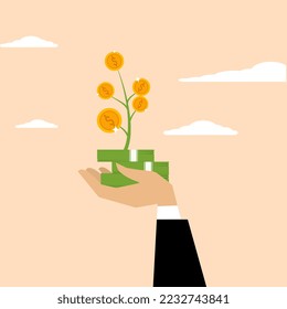 businessman investor hand holding money flower plant from pile of paper money.Investment growth, mutual fund or opportunity to make profit and increase wealth, prosperity or get more money from saving