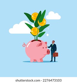 Businessman investor hand holding money flower plant from piggy bank. Investment growth, prosperity or earn more money from savings, mutual funds. Modern vector illustration in flat style svg