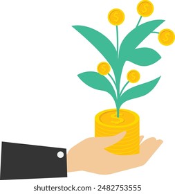 businessman investor hand holding money flower plant from a pile of paper money.Investment growth, mutual fund or opportunity to make a profit and increase wealth, prosperity or get more money from