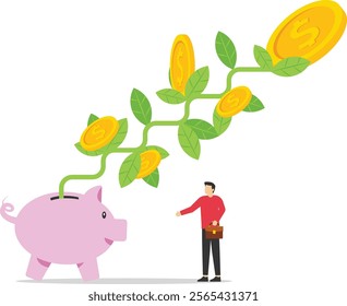 Businessman investor hand holding money flower plant from piggy bank. Investment growth, prosperity or earn more money from savings, mutual funds. Modern vector illustration in flat style

