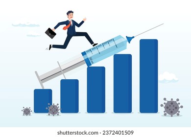 Businessman investor happy running on syringe pointing up on growth profit financial bar graph, financial and economic crisis recover from COVID-19 collapse with Coronavirus vaccine discovery (Vector)