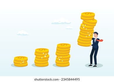Businessman investor holding high stack of dollar money coins to put as growth compound graph, compound interest effect, high return investment stock market or growth and prosperity economic (Vector)