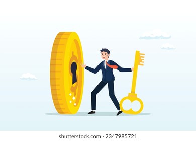 Businessman investor holding huge golden key to unlock coin keyhole, financial key success, unlock secret reward for investment opportunity, wealth solution to make money and gain profit (Vector)