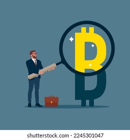 Businessman investor holding a magnifying glass analyzing bitcoin prices. Revenue growth or investment profit. Modern flat vector illustration.