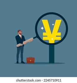 Businessman investor holding a magnifying glass analyzing Japanese yen prices. Revenue growth or investment profit. Flat vector illustration.
