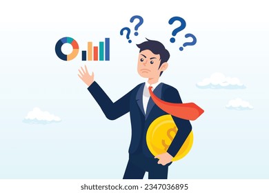 Businessman investor holding money coin thinking about investment, money question, where to invest, pay off debt or invest to earn profit, financial choice or alternative to make decision (Vector)