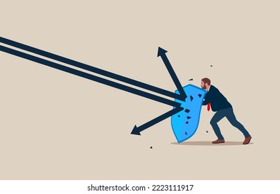 Businessman investor holding shield to protect from arrow. Fight with inflation or economic recession, protect wealth from crisis, safety for interest rate hike, insurance. Flat vector illustration.